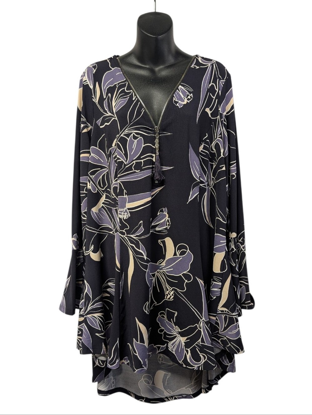 Avenue Studio Black Purple Floral Zip V-Neck Bell Sleeve Boho Tunic Top Size 20